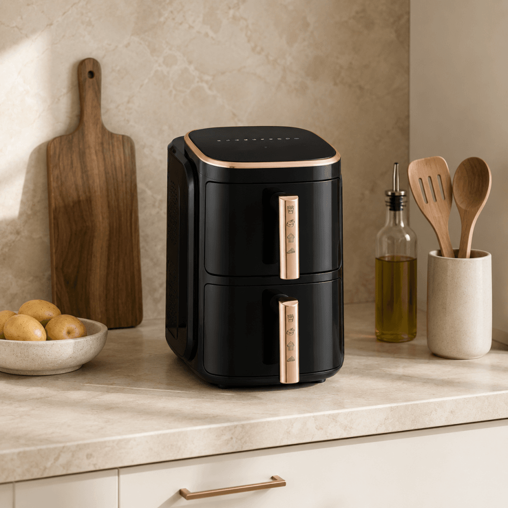 Air Fryer AeroCooking double panier au format vertical installé sur un plan de travail de cuisine.