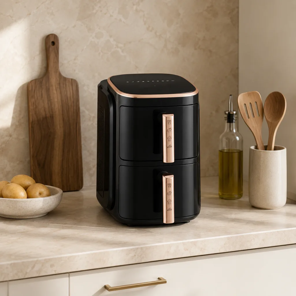 Air Fryer AeroCooking double panier au format vertical installé sur un plan de travail de cuisine.