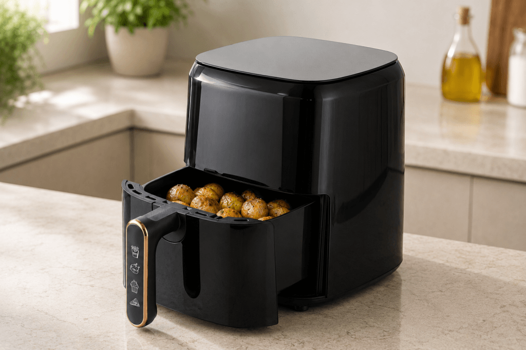 Air Fryer AeroCooking 3 L noir avec panier ouvert contenant des pommes de terre dorées dans une cuisine moderne.