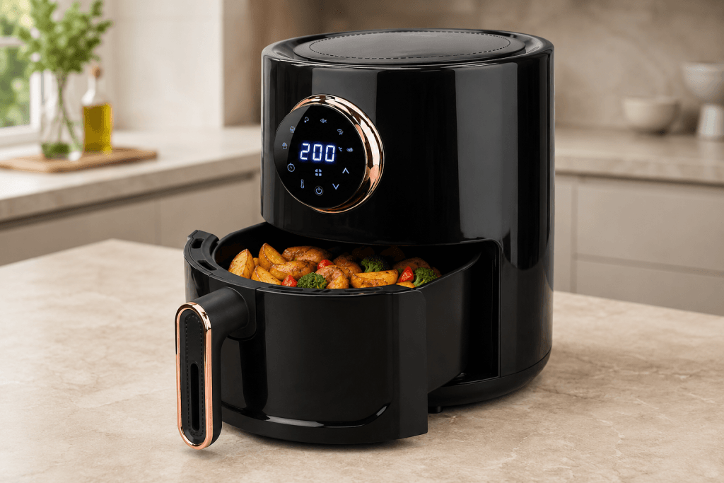 Air Fryer AeroCooking noir de 4,8 L avec écran tactile et panier ouvert contenant du poulet, des pommes de terre et des légumes.