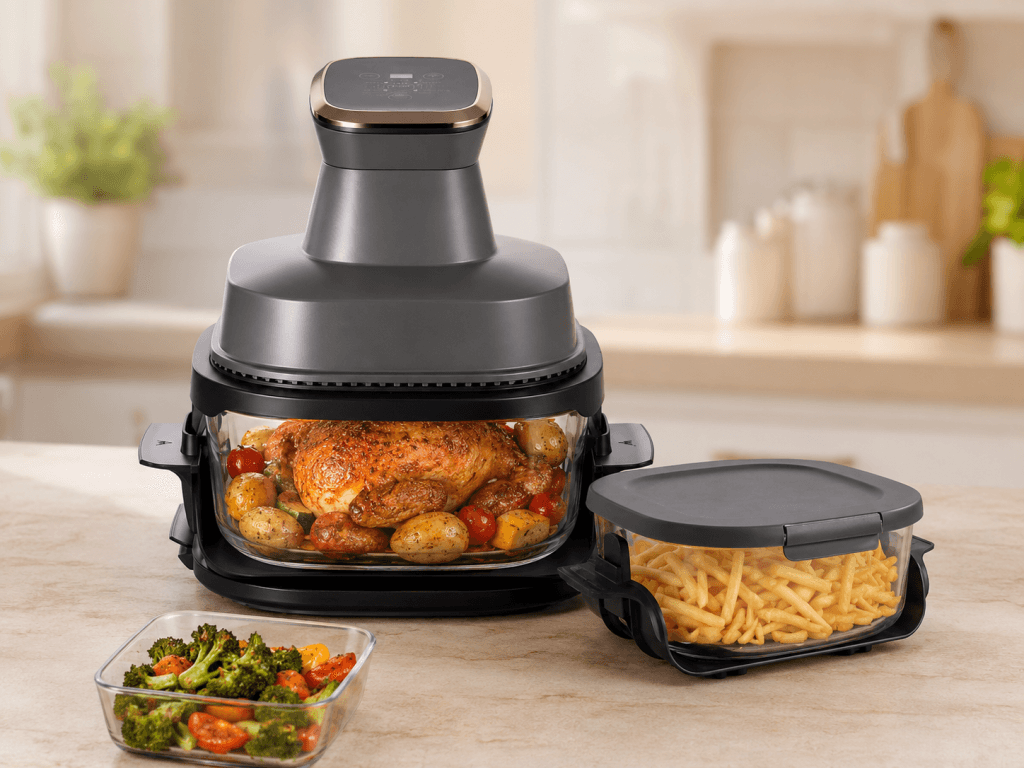 Air Fryer AeroCooking avec grand bol de 4 L contenant un poulet rôti et petit bol de 3 L rempli de frites.