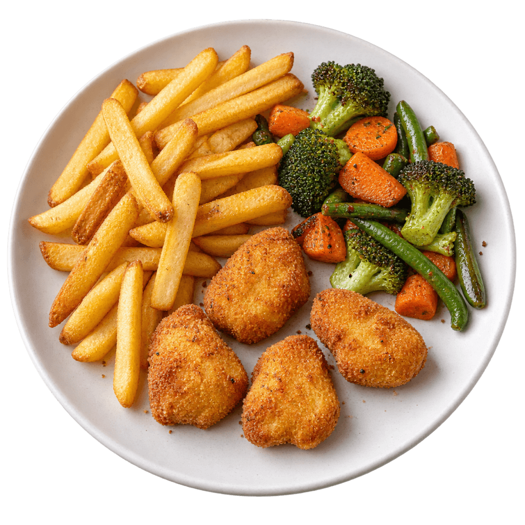 Assiette de frites, nuggets de poulet et légumes cuits avec la fonction Congelé du Air Fryer AeroCooking.