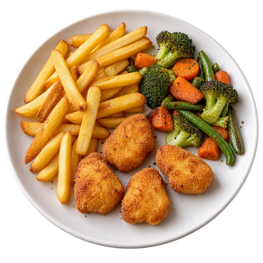 Assiette de frites, nuggets de poulet et légumes cuits avec la fonction Congelé du Air Fryer AeroCooking.