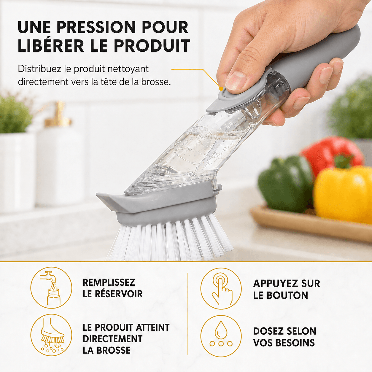 Brosse AeroCooking avec bouton de distribution du produit nettoyant