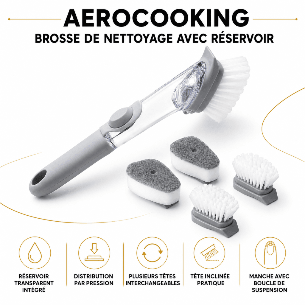Brosse de nettoyage avec réservoir, accompagnée de deux têtes-brosses et de deux têtes-éponges interchangeables.