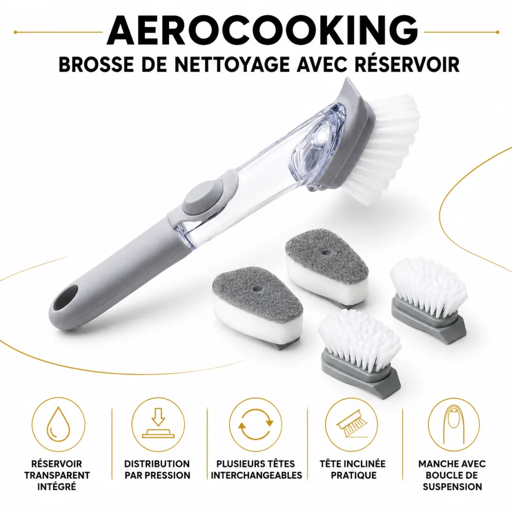 Brosse de nettoyage avec réservoir, accompagnée de deux têtes-brosses et de deux têtes-éponges interchangeables.