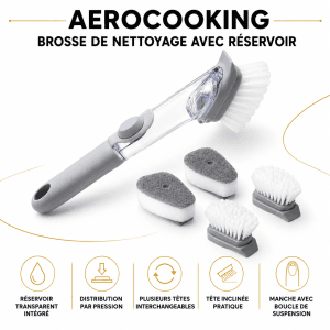 Brosse de nettoyage avec réservoir, accompagnée de deux têtes-brosses et de deux têtes-éponges interchangeables.