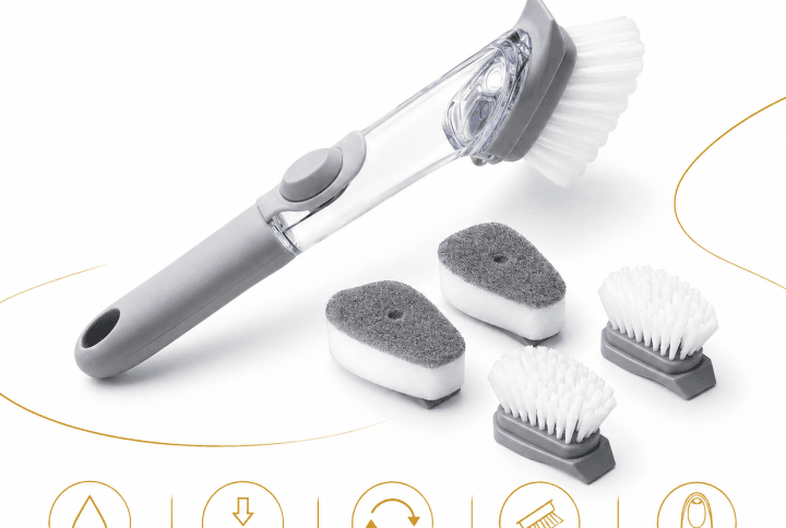 Brosse de nettoyage avec réservoir, accompagnée de deux têtes-brosses et de deux têtes-éponges interchangeables.