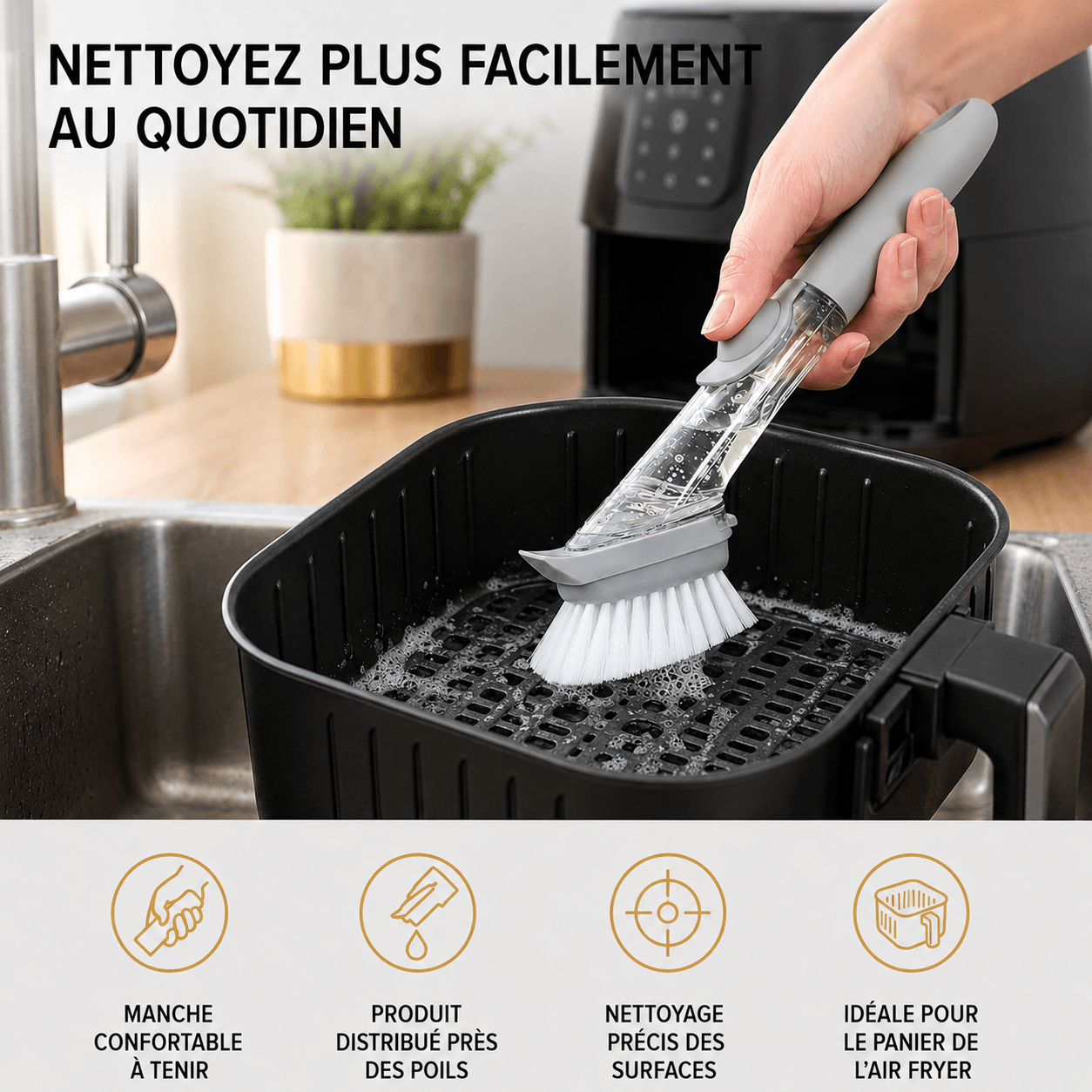 Brosse de nettoyage avec réservoir pour panier d’Air Fryer