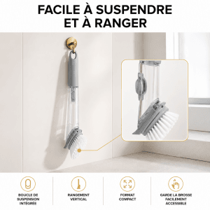 Brosse de nettoyage avec réservoir suspendue verticalement à un crochet, avec un gros plan sur sa tête inclinée.