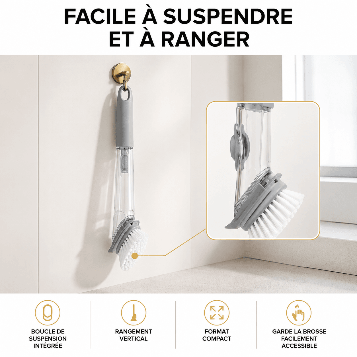 Brosse de nettoyage facile à suspendre et à ranger