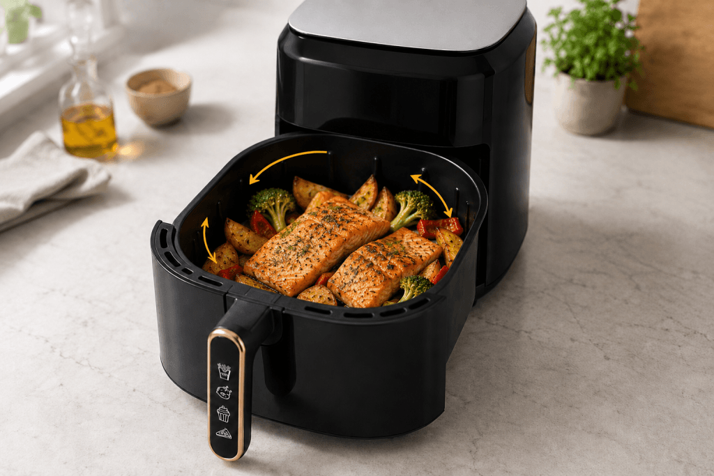 Air Fryer AeroCooking 3 L ouvert avec poulet, pommes de terre et légumes, accompagné de flèches illustrant la circulation de l’air chaud.
