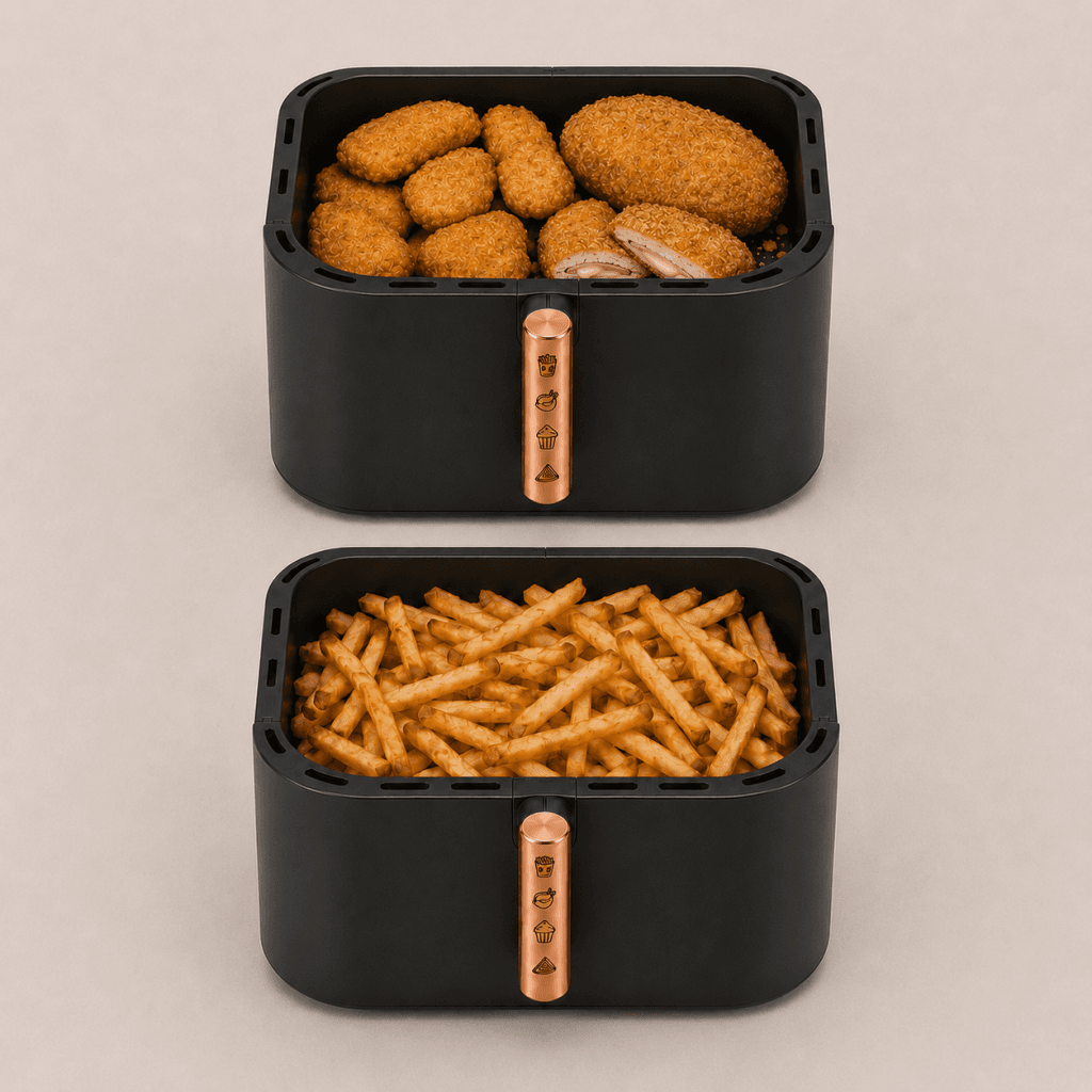 Deux paniers AeroCooking de 6 L disposés verticalement, avec des nuggets, des cordons bleus et des frites.
