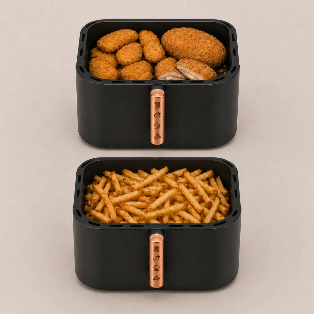 Deux paniers AeroCooking de 6 L disposés verticalement, avec des nuggets, des cordons bleus et des frites.