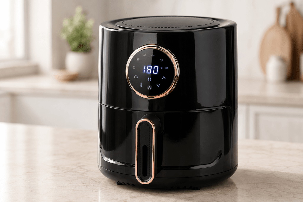 Air Fryer AeroCooking noir de 4,8 L avec écran tactile circulaire affichant une température de 180 °C.