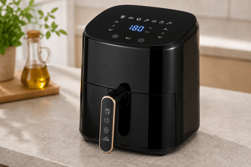 Air Fryer AeroCooking 3 L noir avec écran tactile supérieur affichant la température et la durée de cuisson.