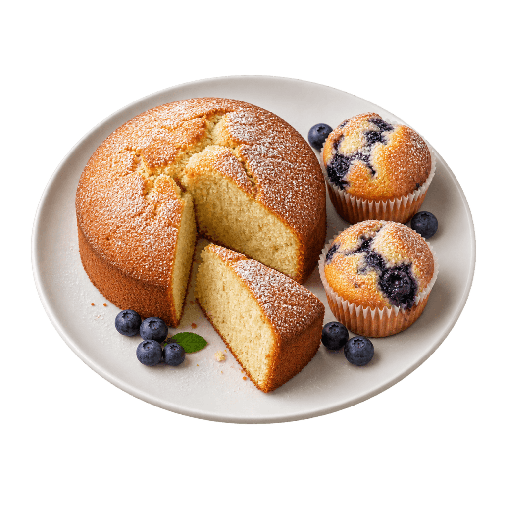 Gâteau doré et muffins aux myrtilles préparés avec le mode Cuire du Air Fryer.