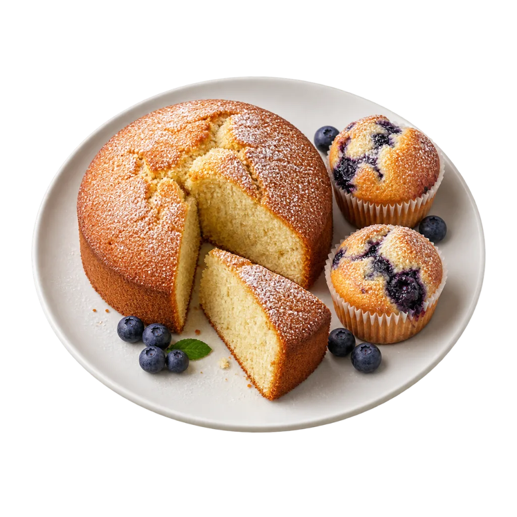 Gâteau doré et muffins aux myrtilles préparés avec le mode Cuire du Air Fryer.