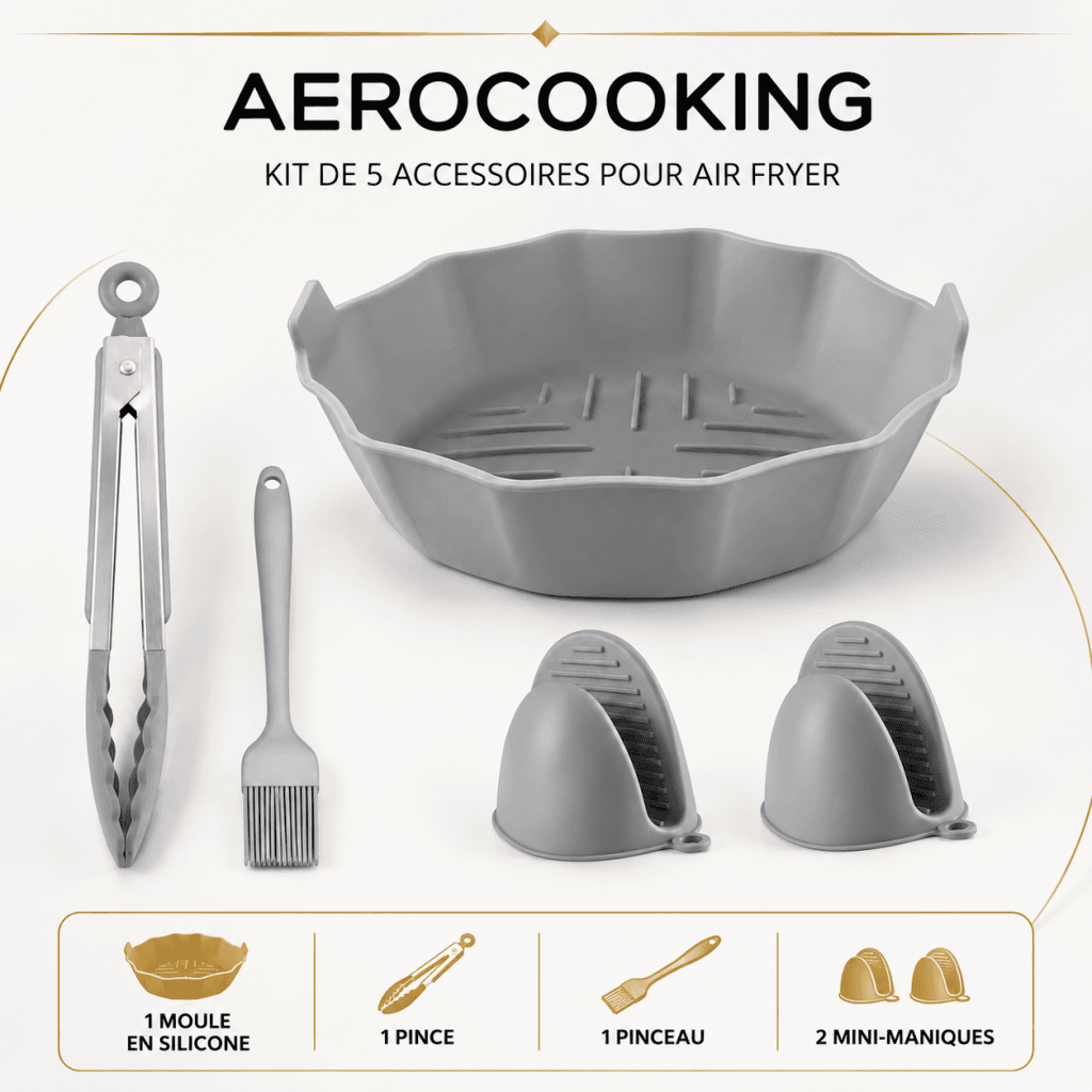 Kit gris composé d’un moule en silicone, d’une pince, d’un pinceau et de deux mini-maniques pour Air Fryer.