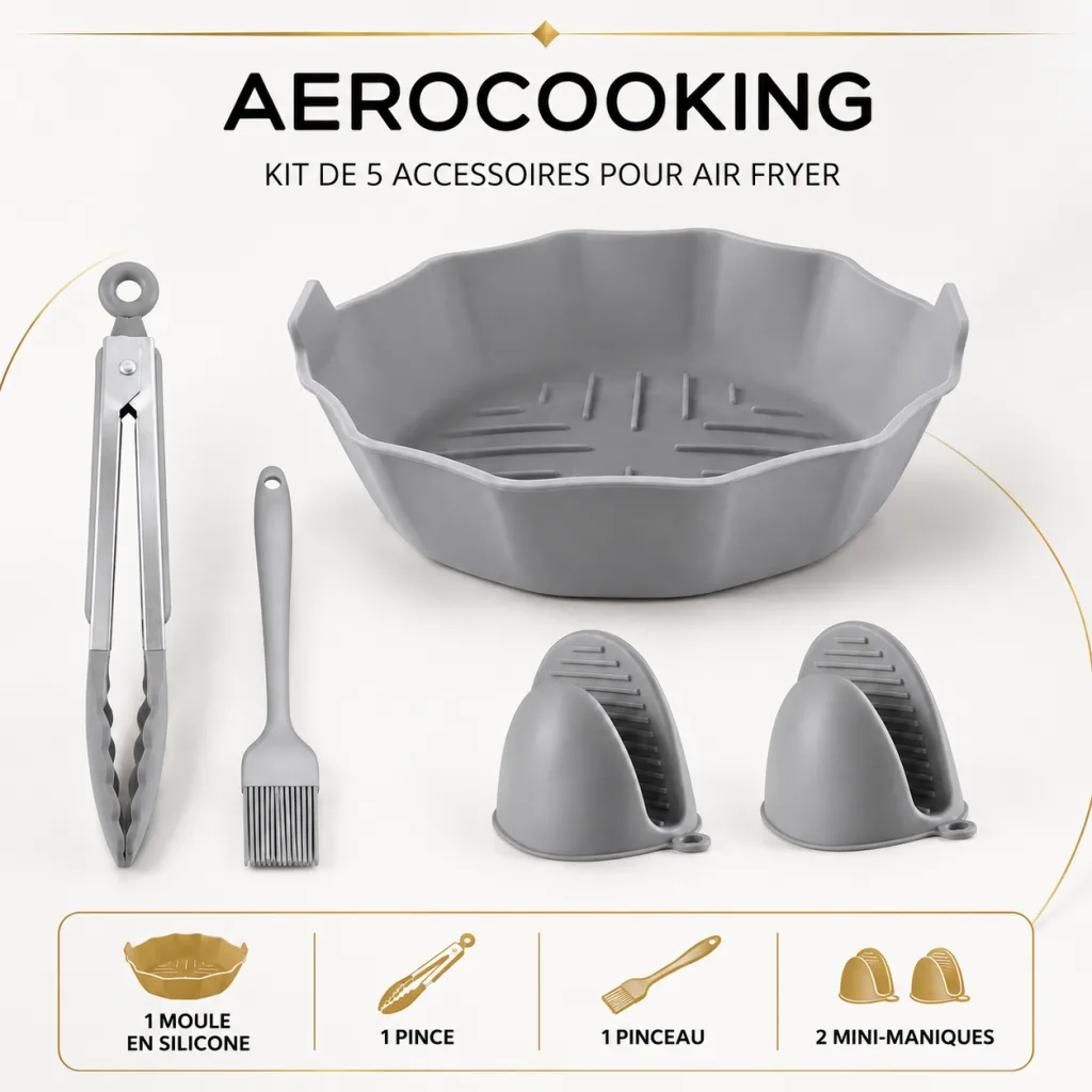 Kit gris composé d’un moule en silicone, d’une pince, d’un pinceau et de deux mini-maniques pour Air Fryer.