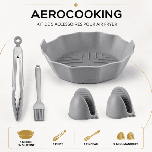 Kit gris composé d’un moule en silicone, d’une pince, d’un pinceau et de deux mini-maniques pour Air Fryer.