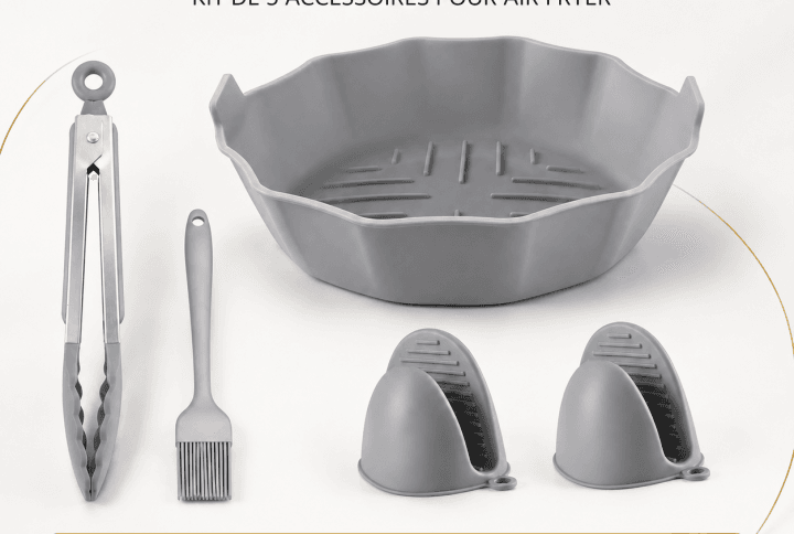 Kit gris composé d’un moule en silicone, d’une pince, d’un pinceau et de deux mini-maniques pour Air Fryer.