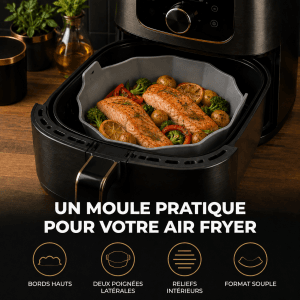 Moule gris placé dans un panier d’Air Fryer avec des filets de saumon, des pommes de terre et des légumes.