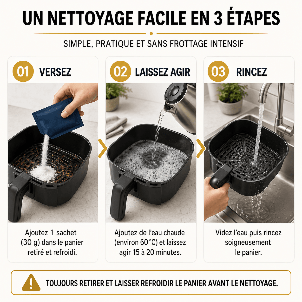 Nettoyage du panier d’Air Fryer en trois étapes