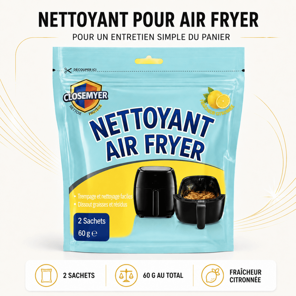Sachet de nettoyant CLOSEMYER pour panier d’Air Fryer, contenant deux sachets pour un poids total de 60 g, avec fraîcheur citronnée.