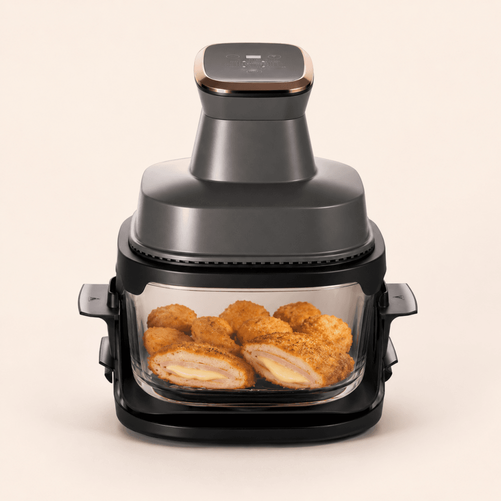 Nuggets dorés et cordon bleu cuits dans le bol en verre de l’Air Fryer AeroCooking.