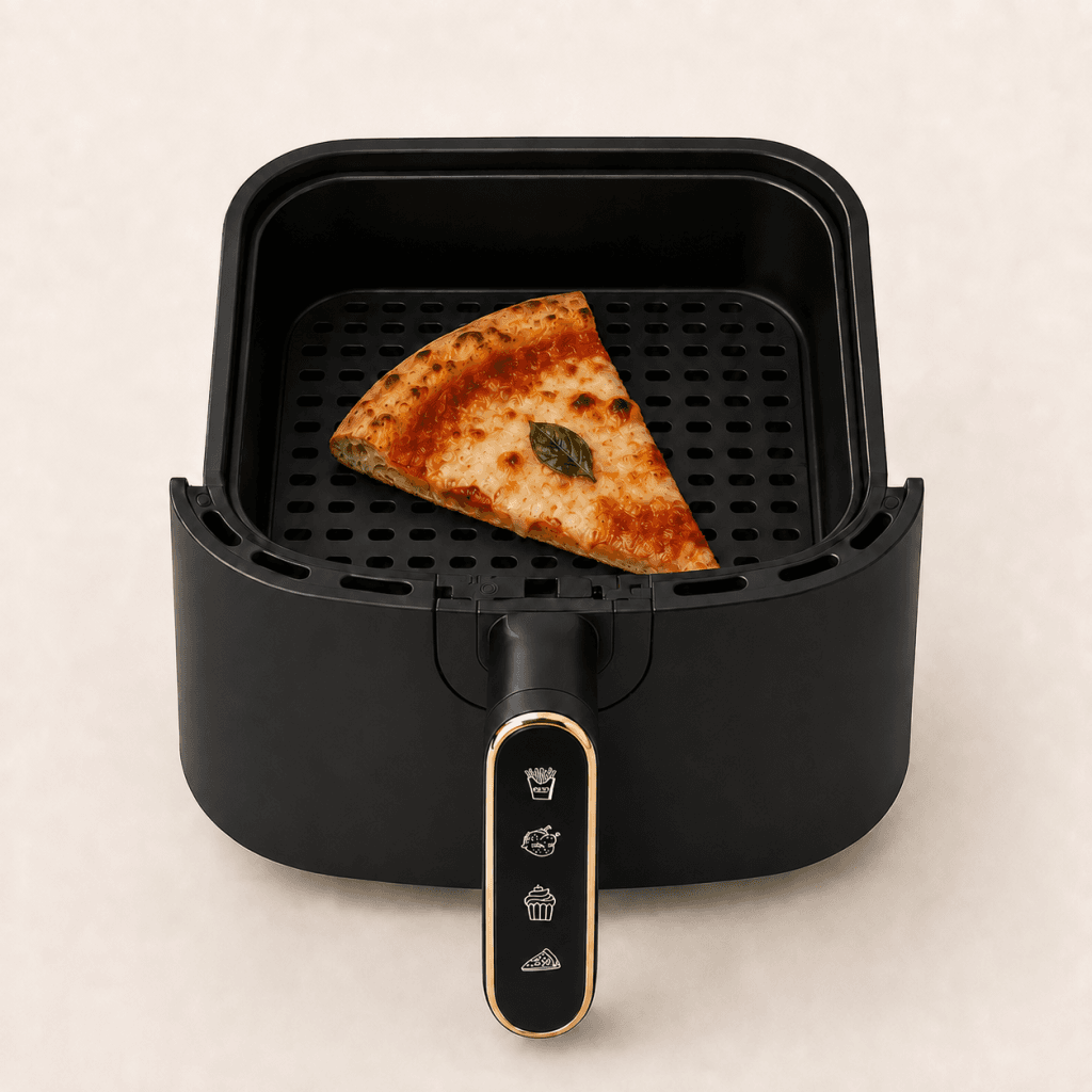 Panier du Air Fryer AeroCooking contenant une part de pizza réchauffée, avec une façade noire et une poignée bordée de doré