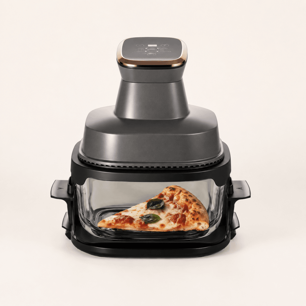 Part de pizza réchauffée dans le petit bol en verre de 3 L de l’Air Fryer AeroCooking.