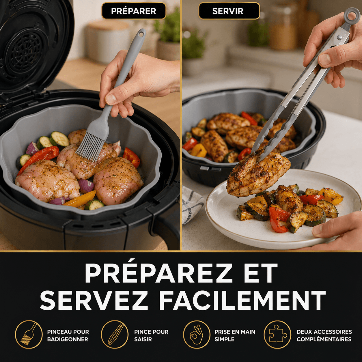 Pinceau et pince pour préparer et servir