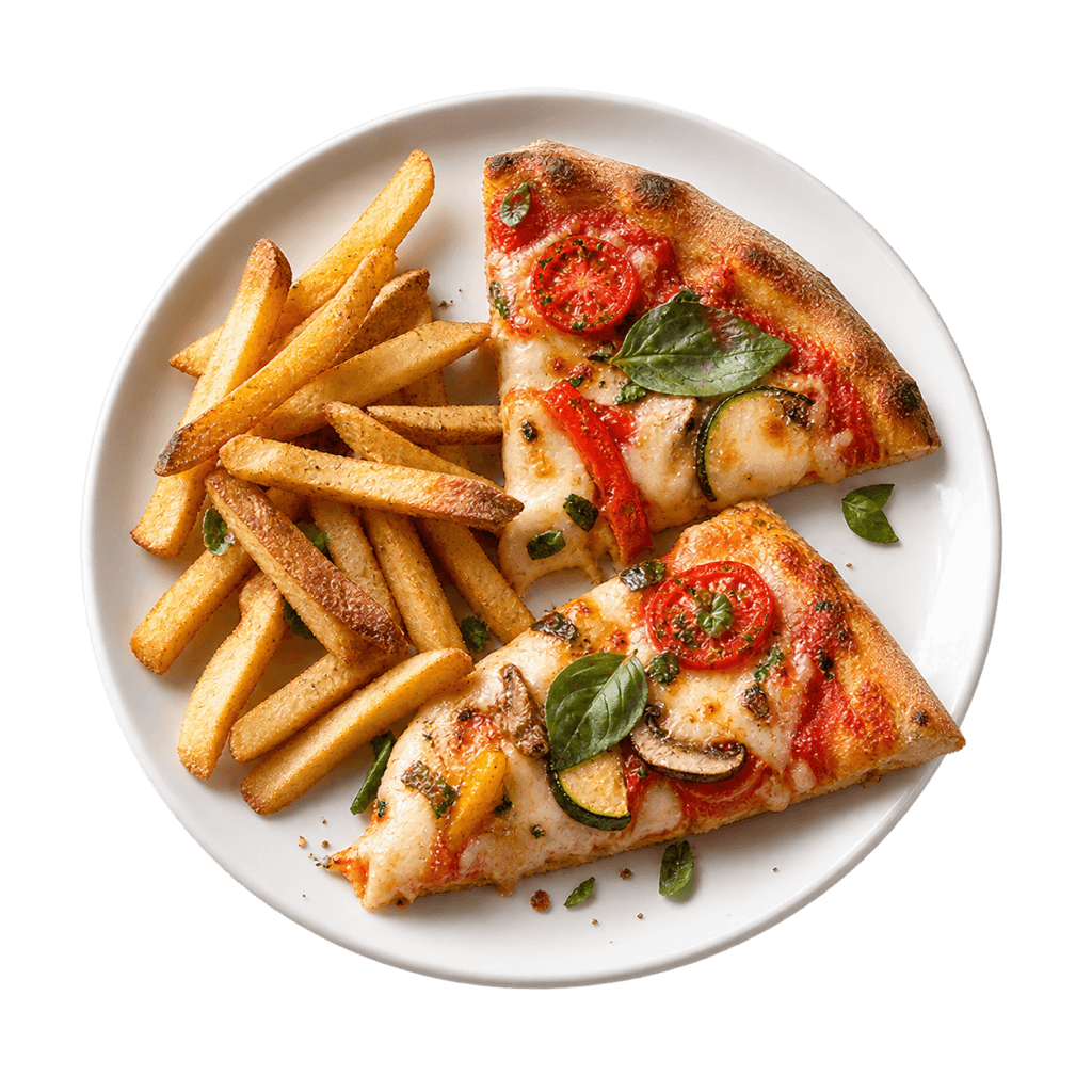 Parts de pizza et frites dorées préparées avec le mode Réchauffer du Air Fryer.
