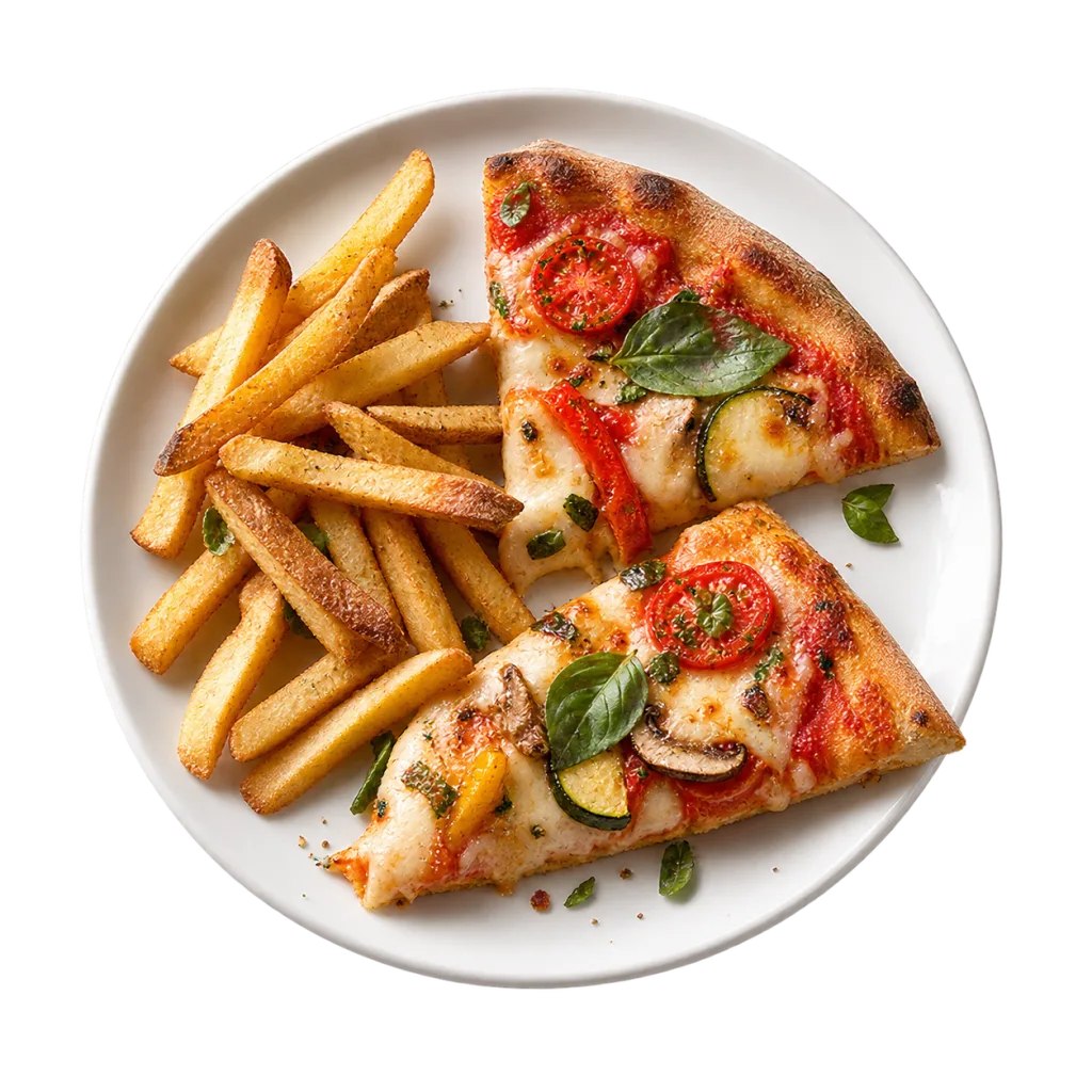 Parts de pizza et frites dorées préparées avec le mode Réchauffer du Air Fryer.