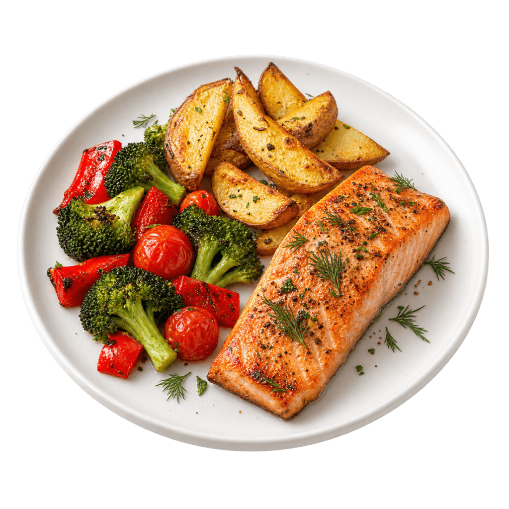 Saumon, pommes de terre dorées, brocolis et poivrons préparés avec le mode Air fryer.