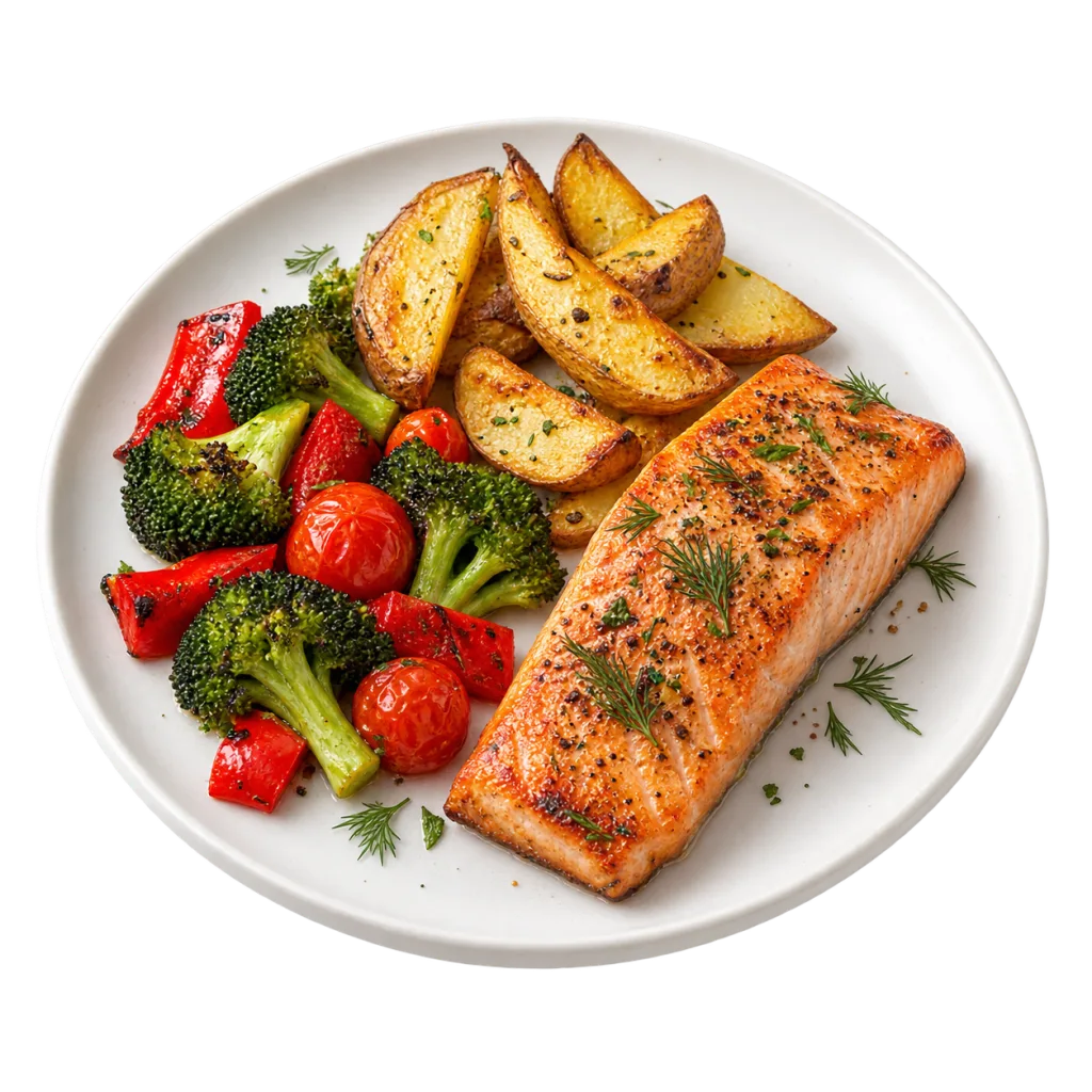 Saumon, pommes de terre dorées, brocolis et poivrons préparés avec le mode Air fryer.