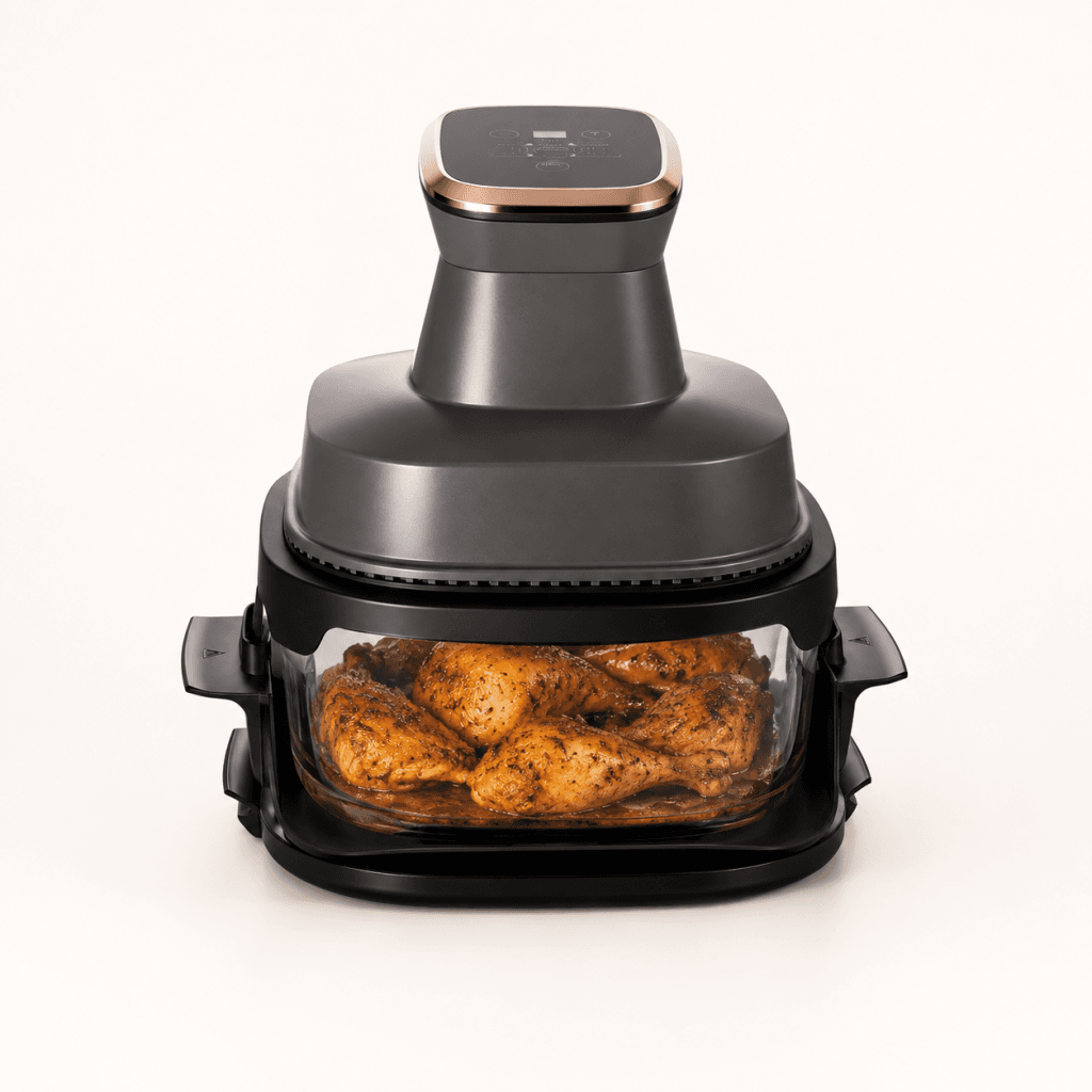 Morceaux de poulet dorés en cours de cuisson dans le grand bol en verre de l’Air Fryer AeroCooking.
