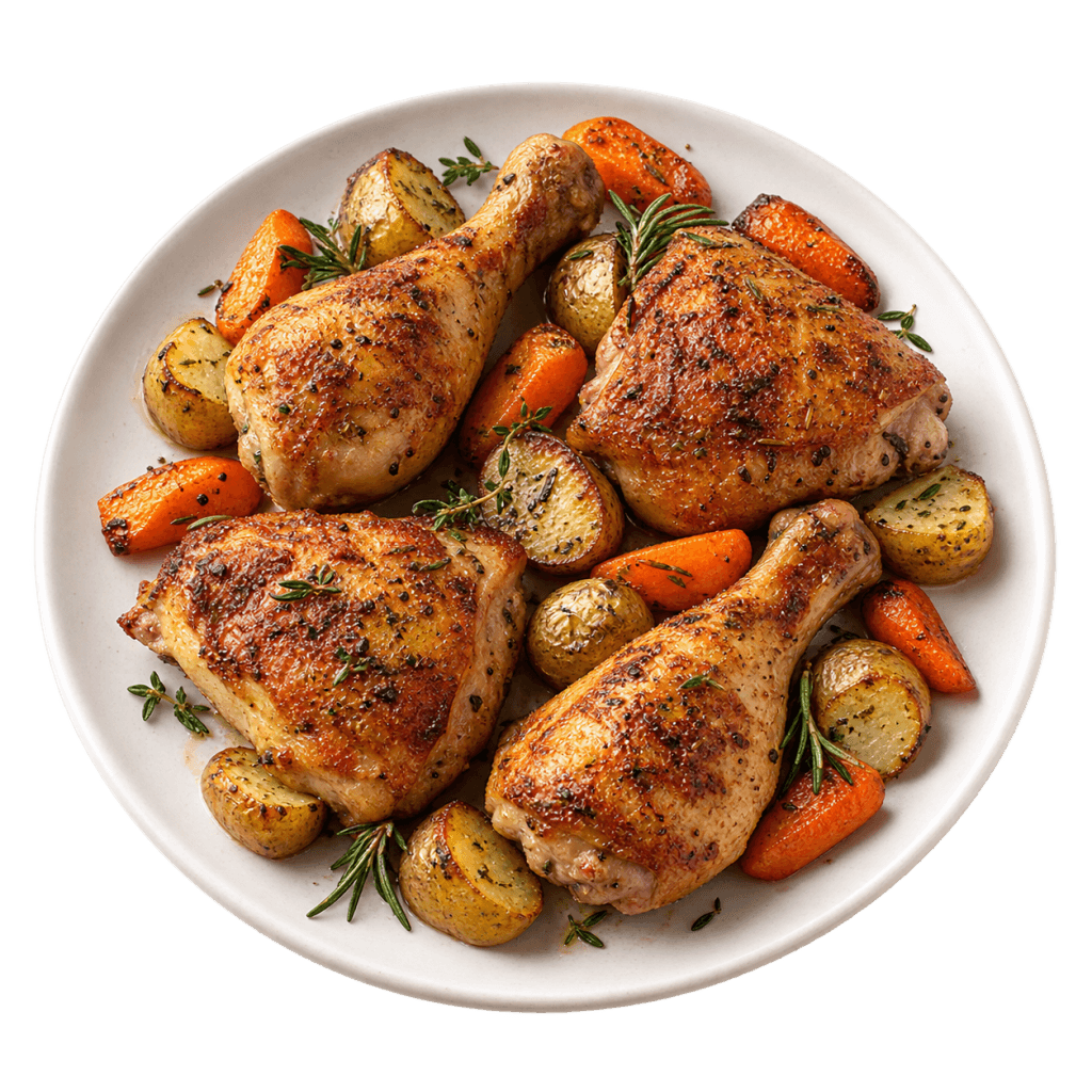 Assiette de morceaux de poulet rôti accompagnés de pommes de terre et de carottes, préparés avec la fonction Rôtir du Air Fryer AeroCooking.
