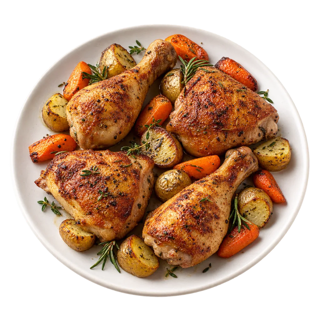 Assiette de morceaux de poulet rôti accompagnés de pommes de terre et de carottes, préparés avec la fonction Rôtir du Air Fryer AeroCooking.