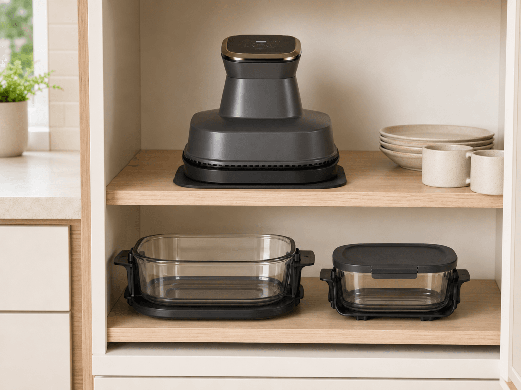 Bloc chauffant et deux bols en verre AeroCooking de 3 L et 4 L rangés séparément dans un placard de cuisine.