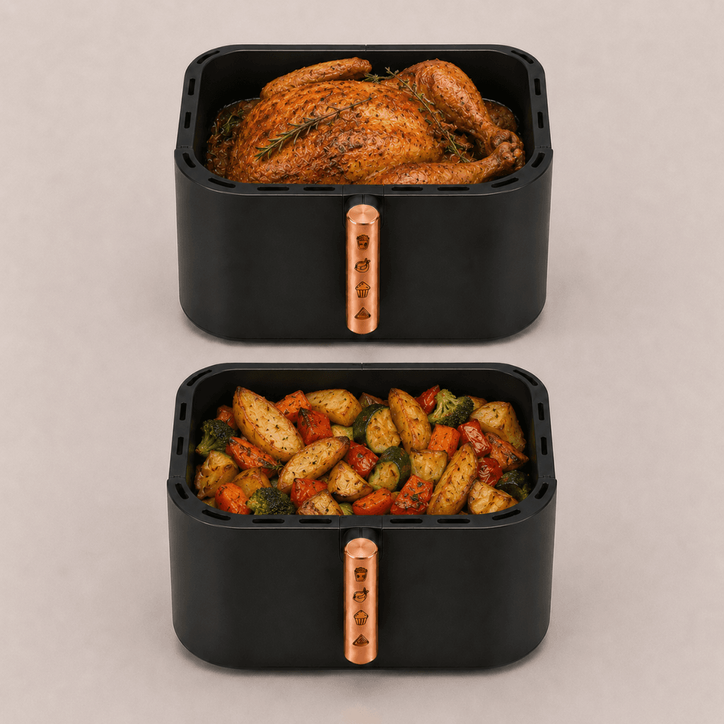 Deux paniers AeroCooking disposés verticalement avec un poulet rôti, des pommes de terre et des légumes.