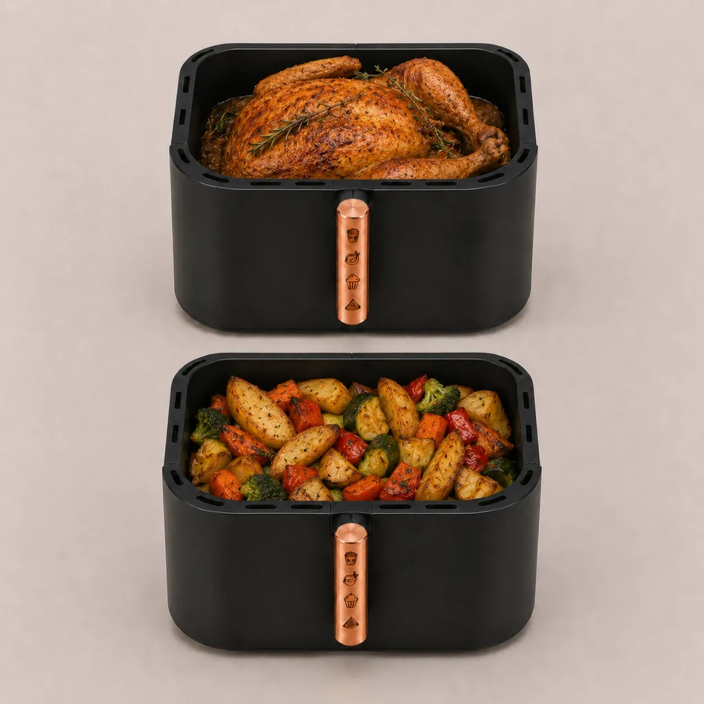 Deux paniers AeroCooking disposés verticalement avec un poulet rôti, des pommes de terre et des légumes.