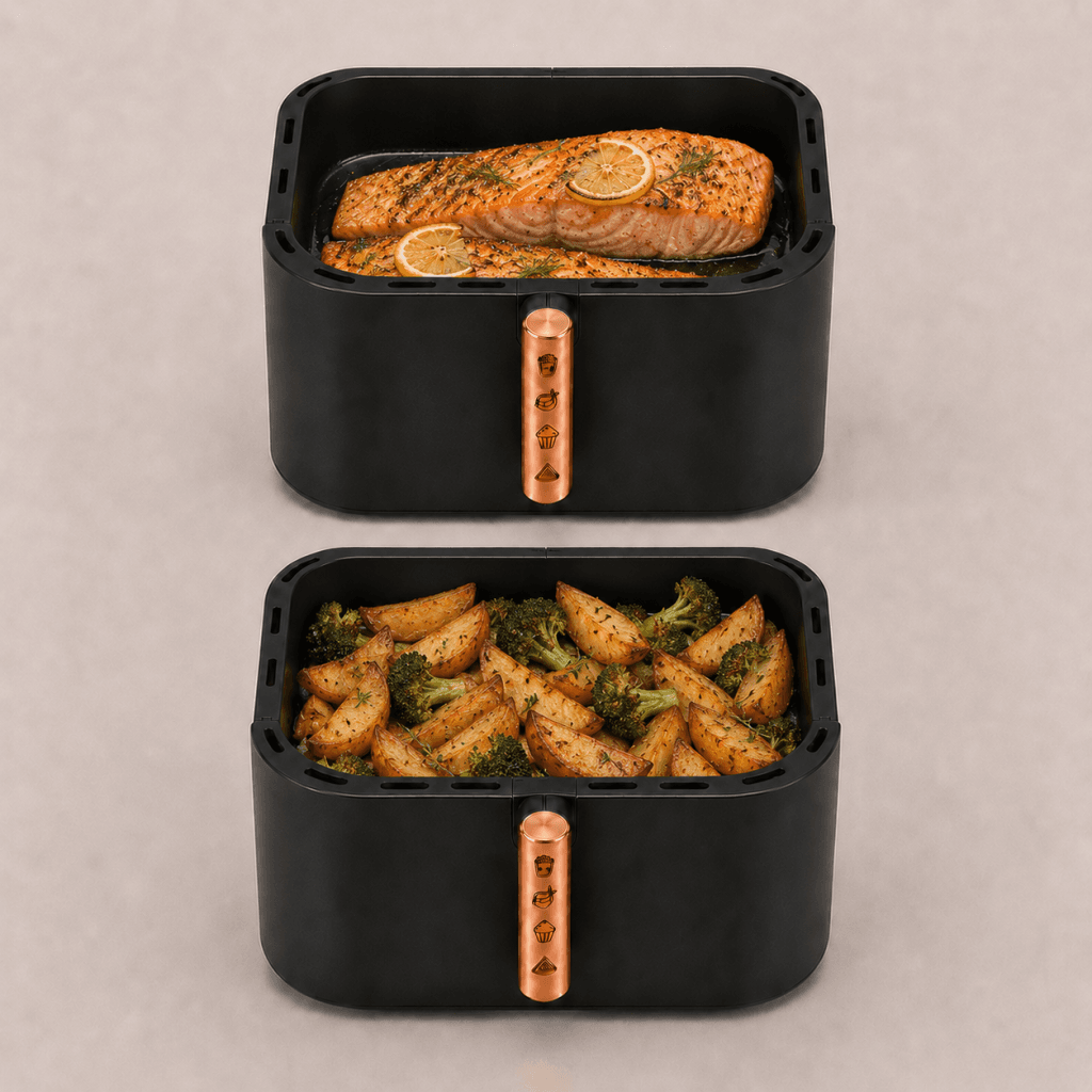 Deux paniers AeroCooking disposés verticalement avec des pavés de saumon, des pommes de terre et du brocoli.
