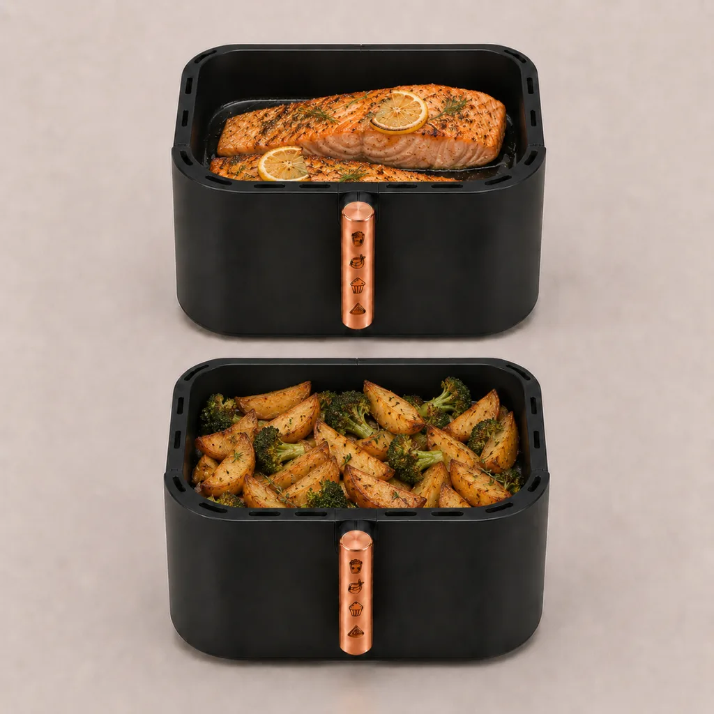 Deux paniers AeroCooking disposés verticalement avec des pavés de saumon, des pommes de terre et du brocoli.