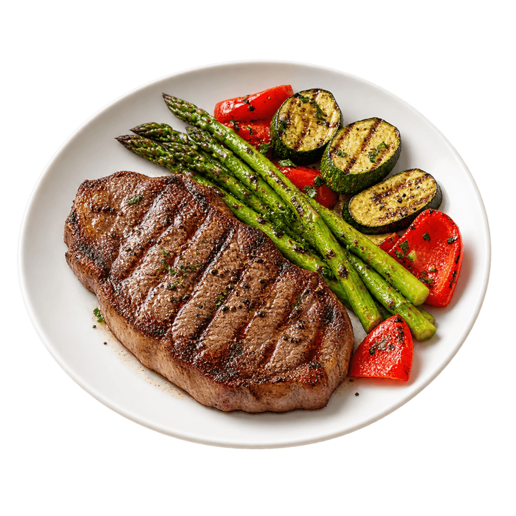 Steak grillé accompagné d’asperges, de courgettes et de poivrons préparés dans le Air Fryer.
