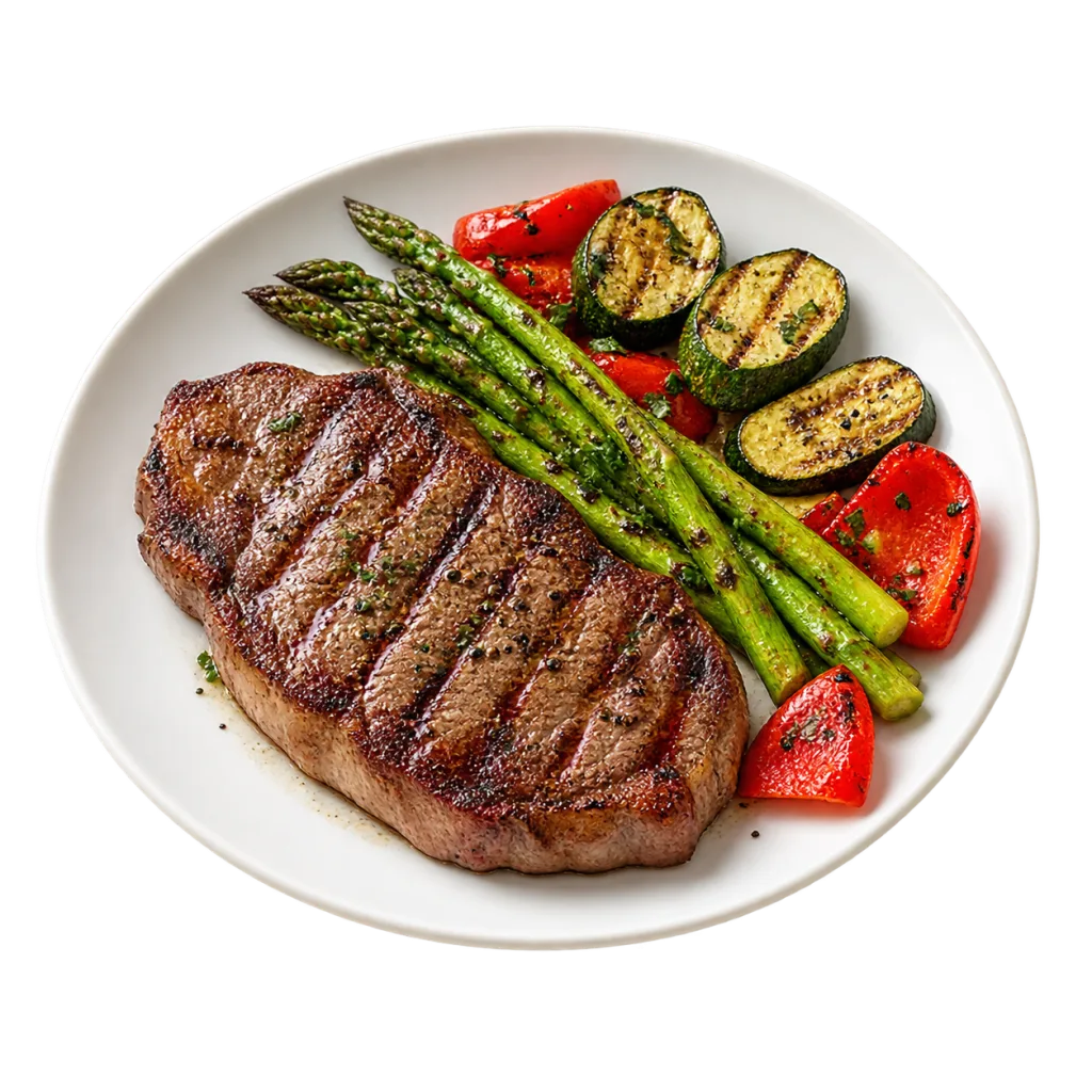 Steak grillé accompagné d’asperges, de courgettes et de poivrons préparés dans le Air Fryer.