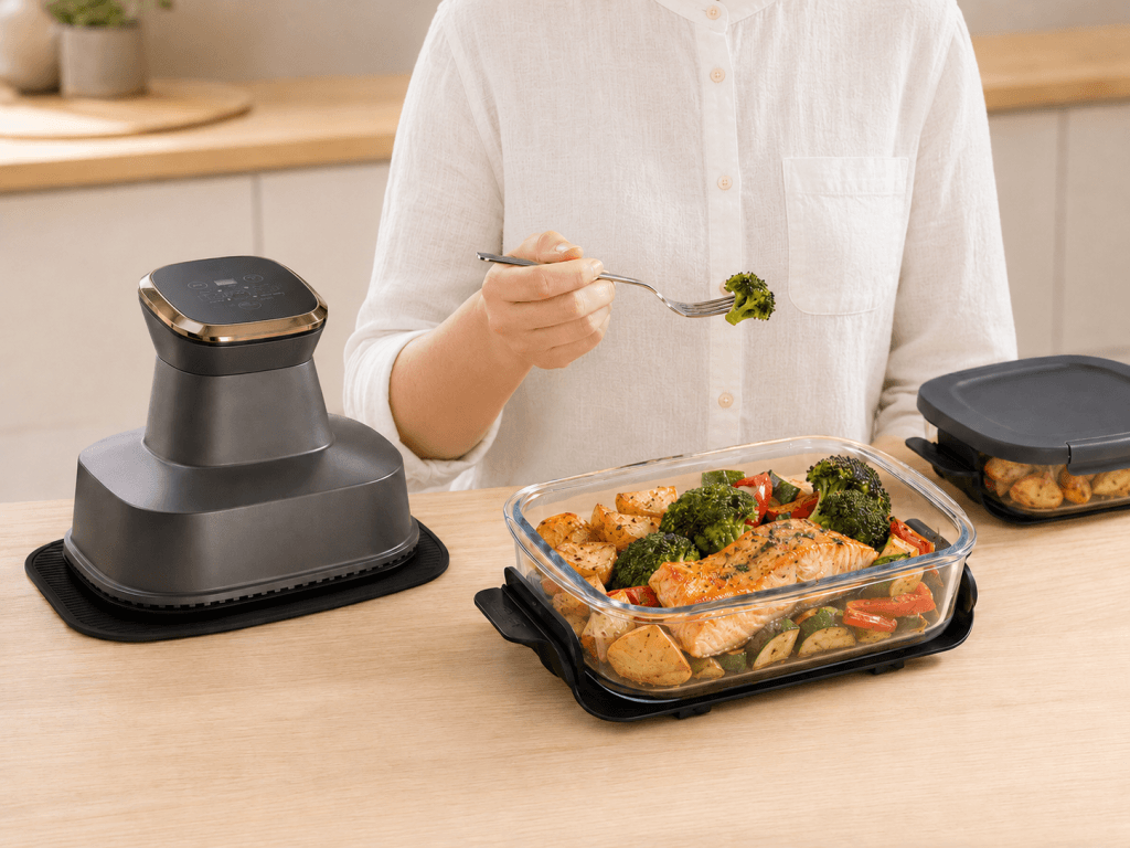 Repas de saumon et légumes servi dans le grand bol en verre AeroCooking, avec le petit bol fermé pour conserver les portions restantes.