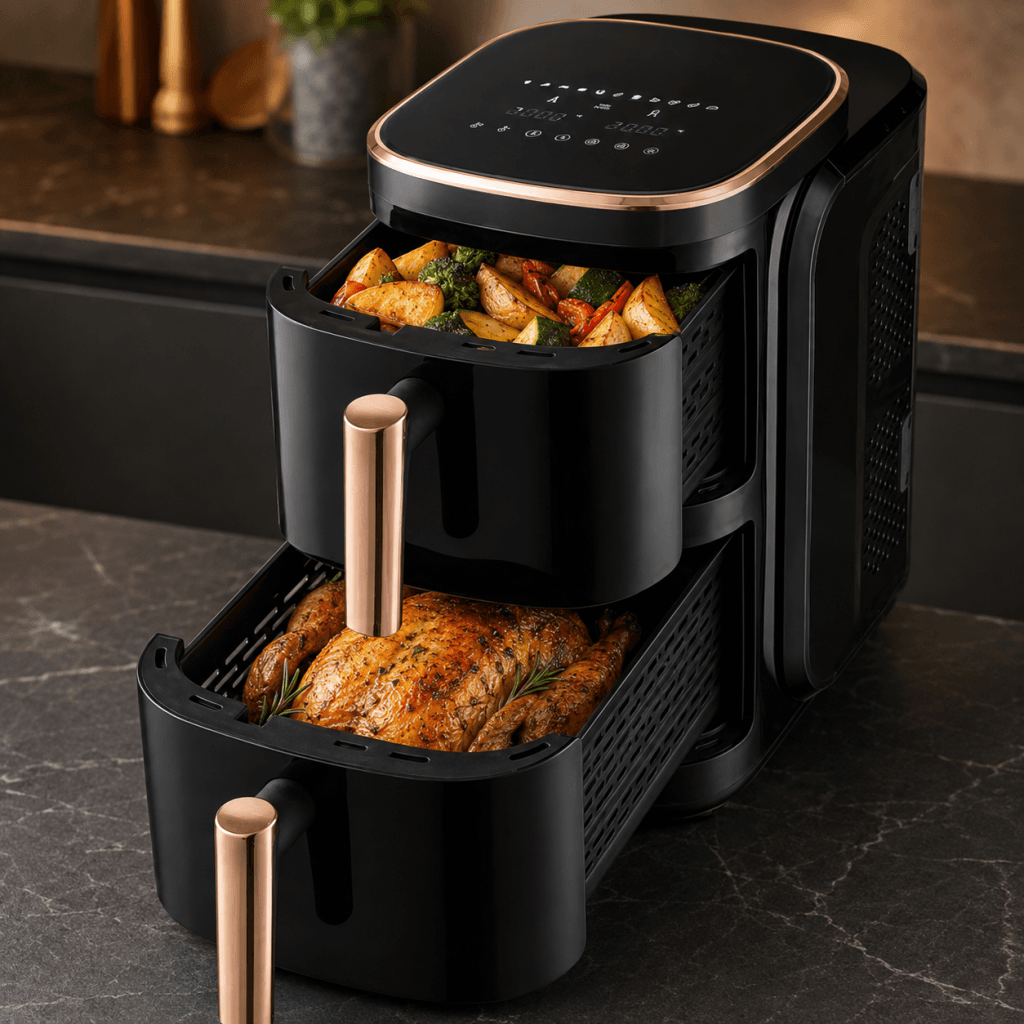 panier supérieur rempli de légumes et pommes de terre, panier inférieur contenant du poulet rôti.