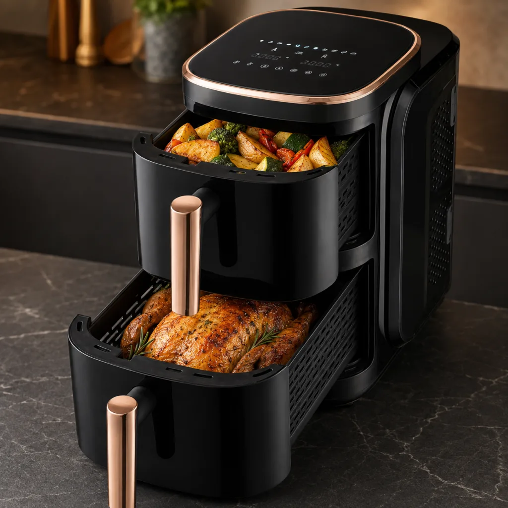 panier supérieur rempli de légumes et pommes de terre, panier inférieur contenant du poulet rôti.